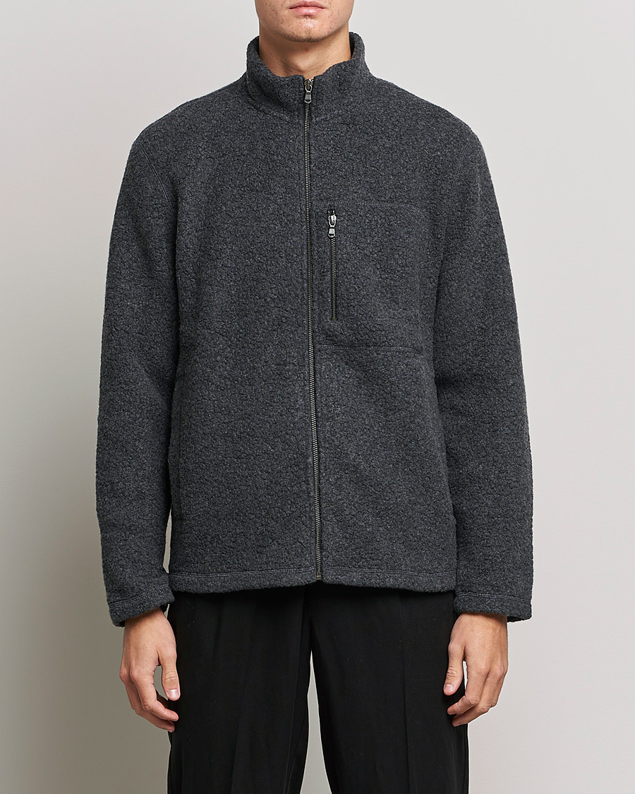 Men | Fleece Sweaters | Sunspel | Eco Wool Full Zip Fleece Jacket Charcoal Melange