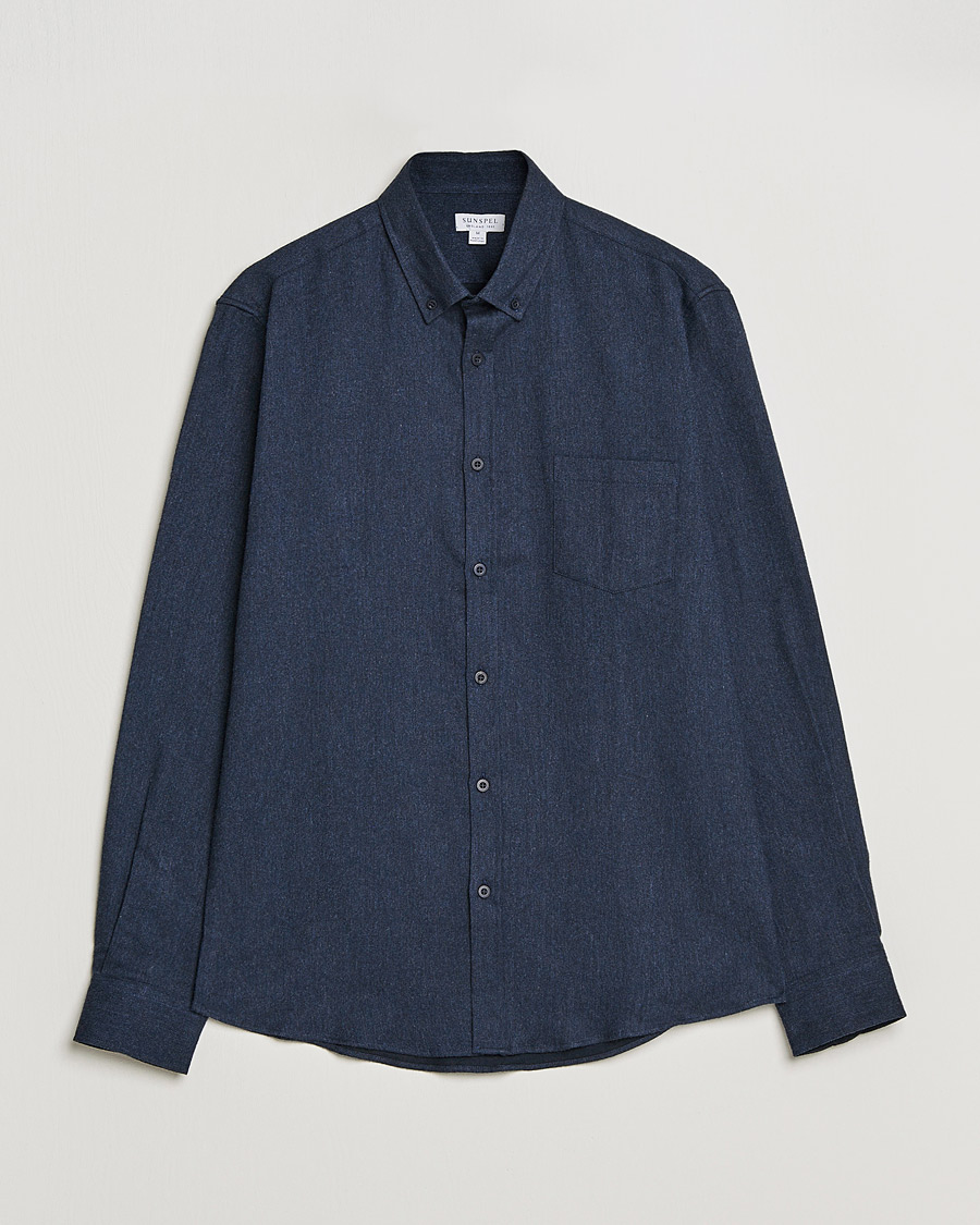 Men | Shirts | Sunspel | Brushed Cotton Flannel Shirt Navy Melange