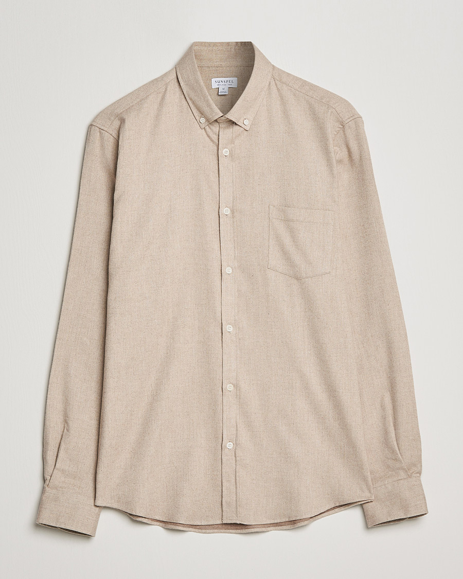 Men | Shirts | Sunspel | Brushed Cotton Flannel Shirt Oatmeal Melange