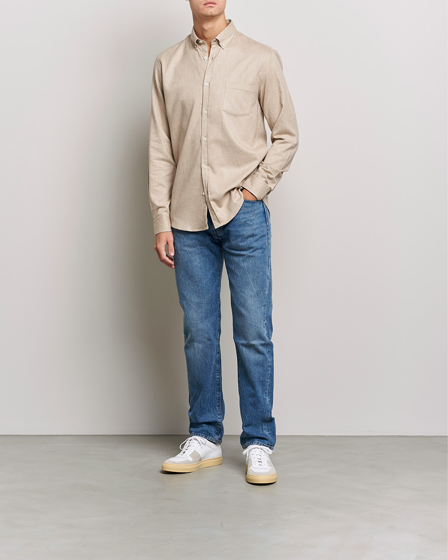 Men | Shirts | Sunspel | Brushed Cotton Flannel Shirt Oatmeal Melange