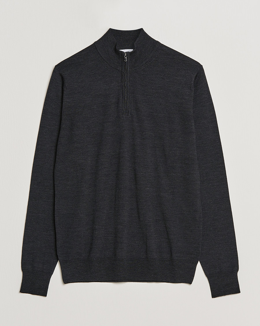 Men | Sweaters & Knitwear | Sunspel | Merino Half Zip Sweater Charcoal Melange