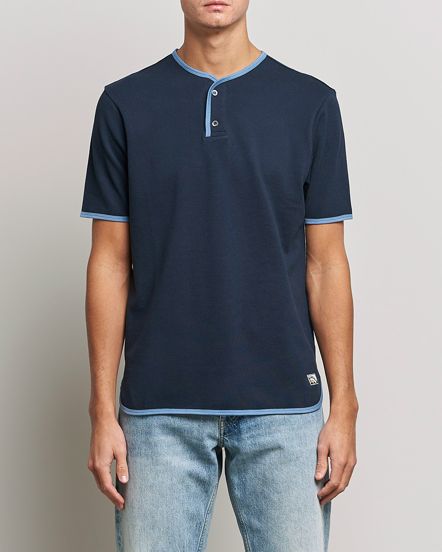 Men | Short Sleeve T-shirts | Sunspel | Paul Weller Heavy Cotton Pique Henley T-Shirt Navy
