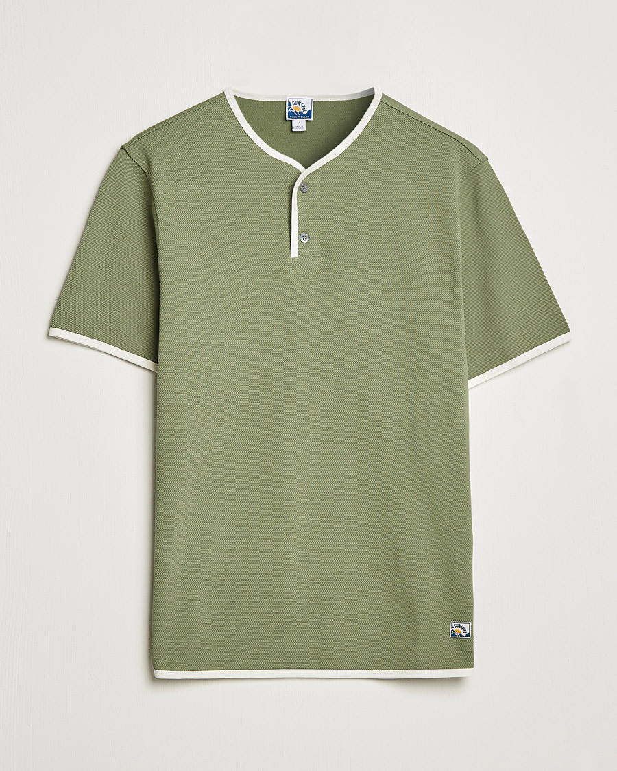 Men | T-Shirts | Sunspel | Paul Weller Heavy Cotton Pique Henley T-Shirt Dark Sage