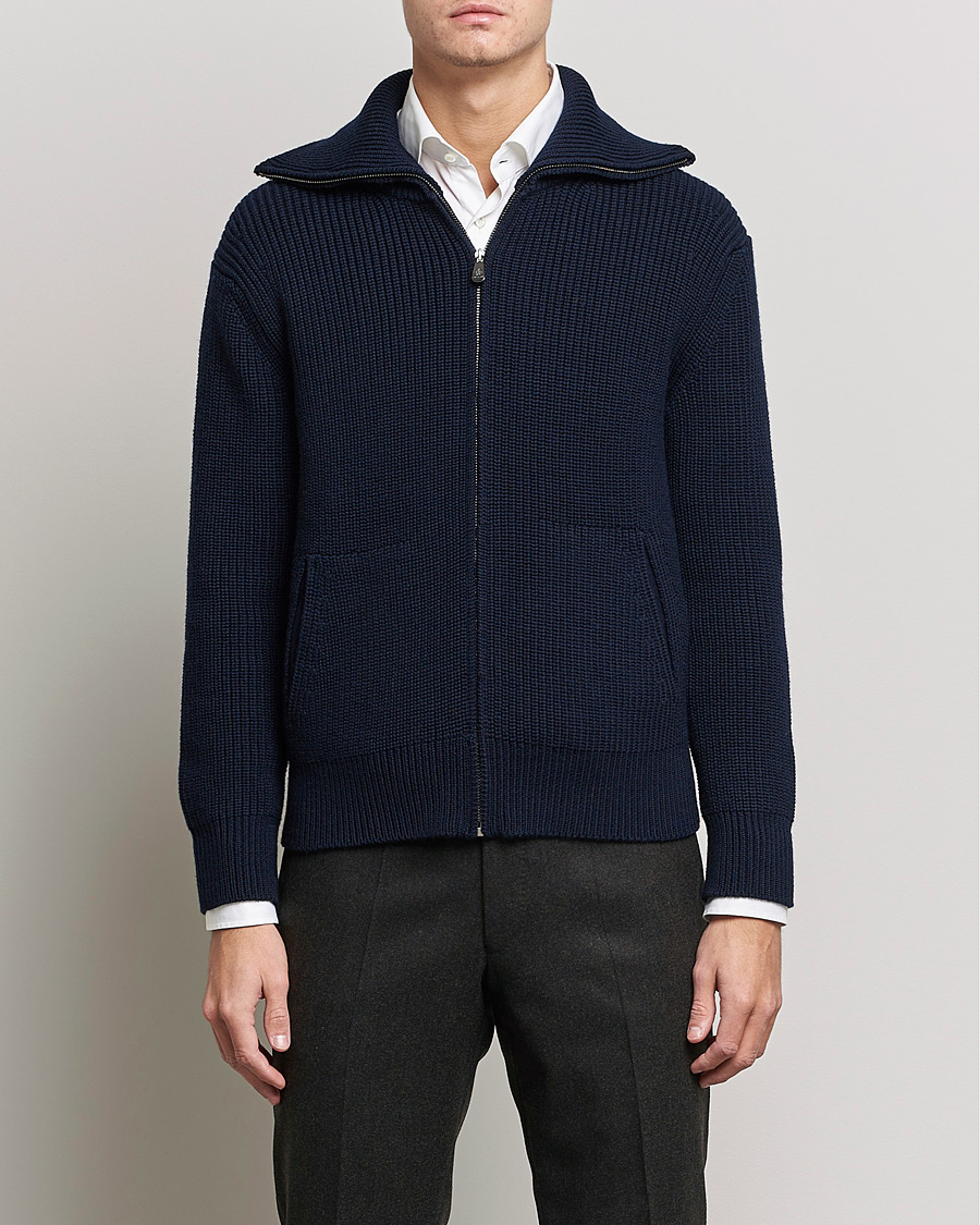 Men | Sweaters & Knitwear | Piacenza Cashmere | Heavy Zip Cardigan Navy