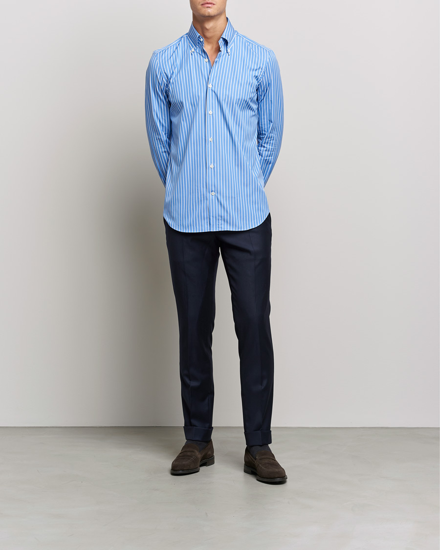 Men |  | Mazzarelli | Soft Button Down Stripe Shirt Blue/White