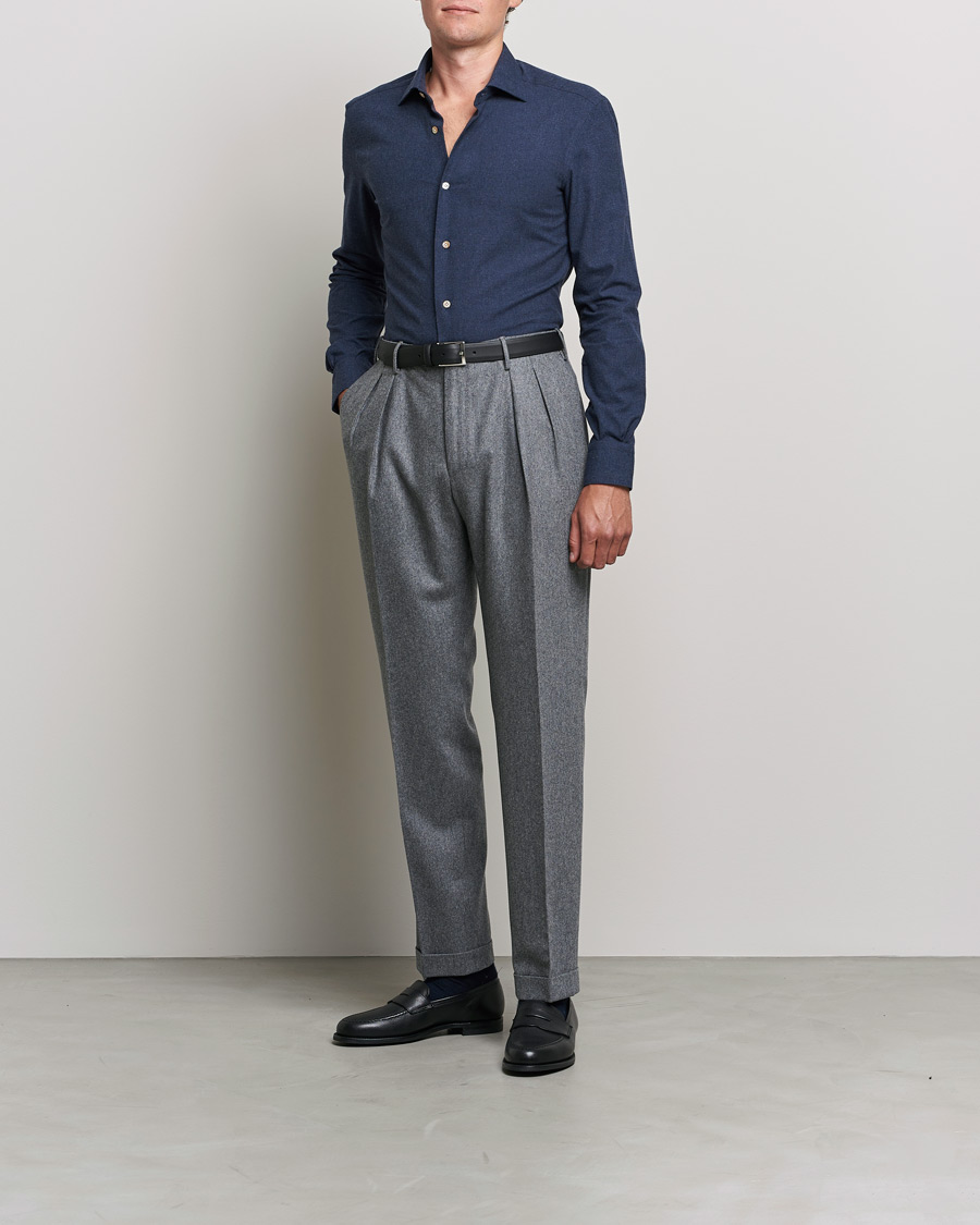 Men | Shirts | Mazzarelli | Soft Flannel Shirt Navy