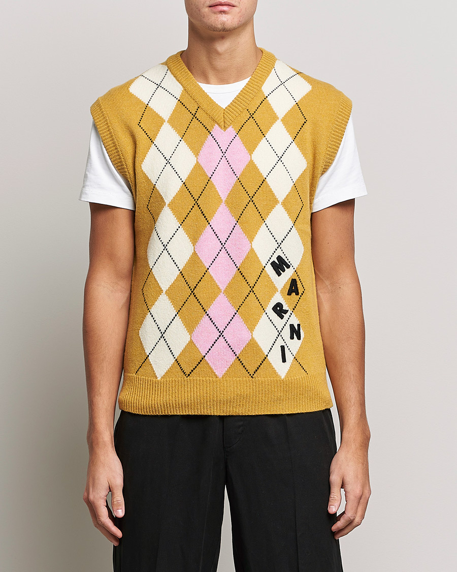 Men | Sweaters & Knitwear | Marni | Shetland Argyle Knit Vest White/Yellow