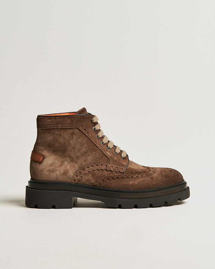 Men | Santoni Brogue Winter Boot Dark Brown Suede | Santoni | Brogue Winter Boot Dark Brown Suede