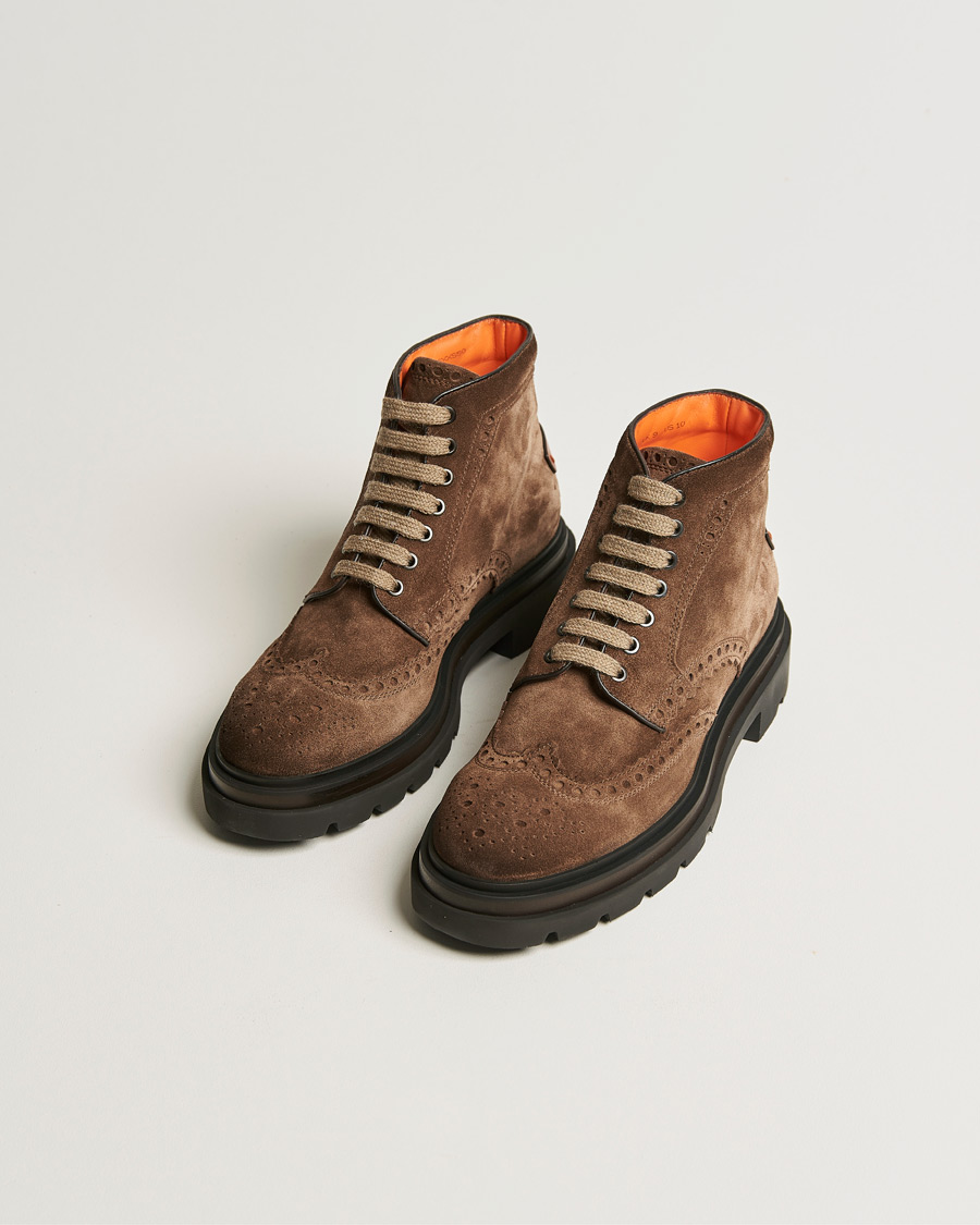 Men | Santoni Brogue Winter Boot Dark Brown Suede | Santoni | Brogue Winter Boot Dark Brown Suede
