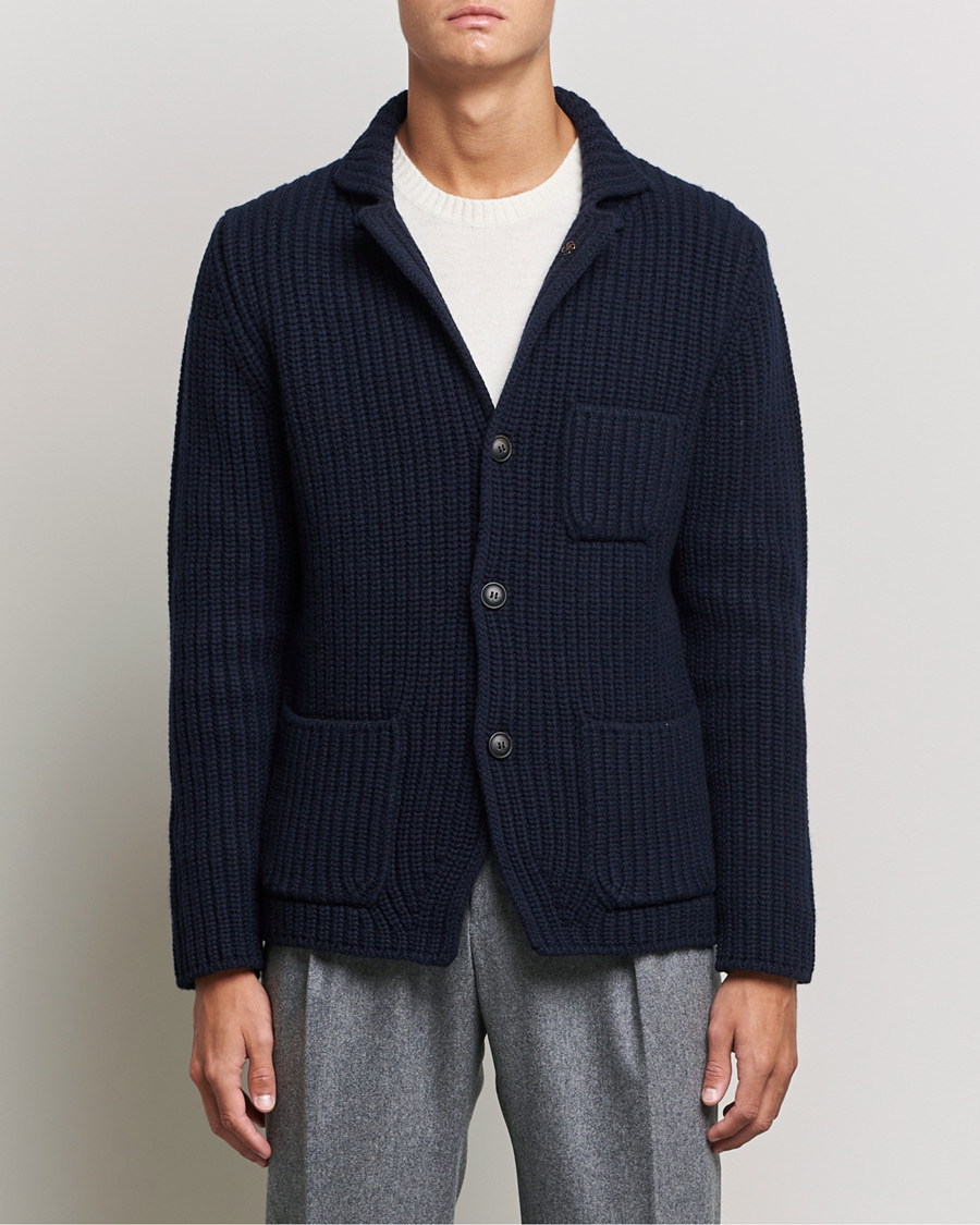 Men | Cardigans | Gran Sasso | Heavy Wool Knitted Blazer Cardigan Navy