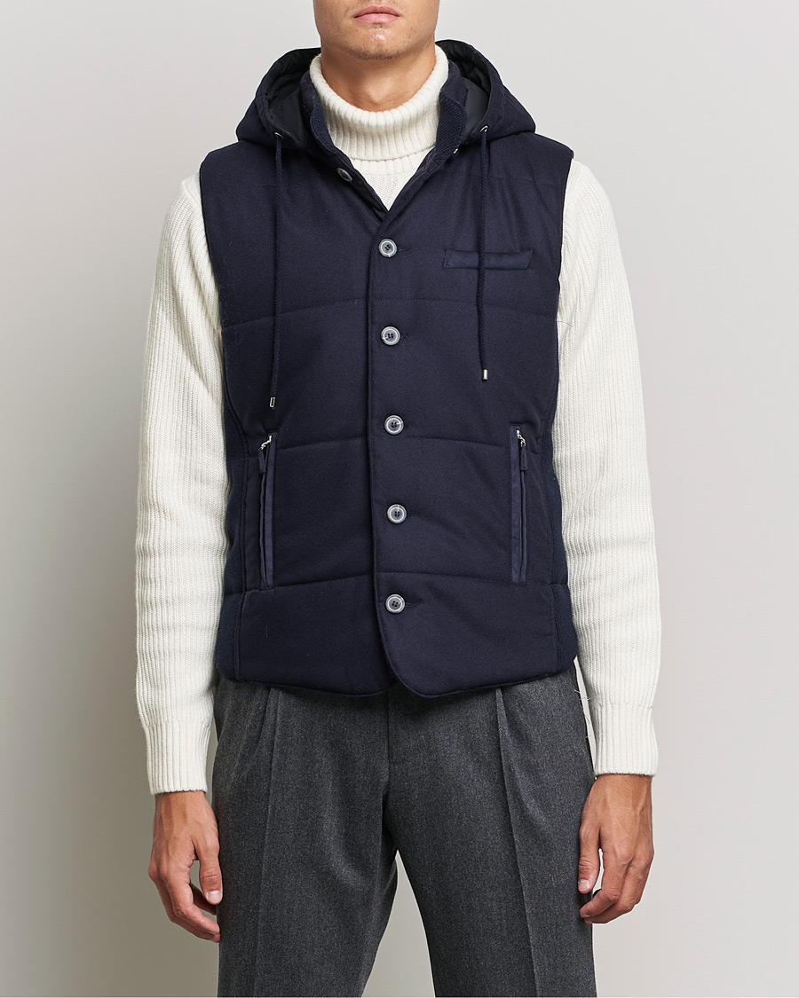 トップス WOOL GABARDINE HOODED VEST Gran Sasso Wool Flannel Hooded Vest Navy at CareOfCarl.com