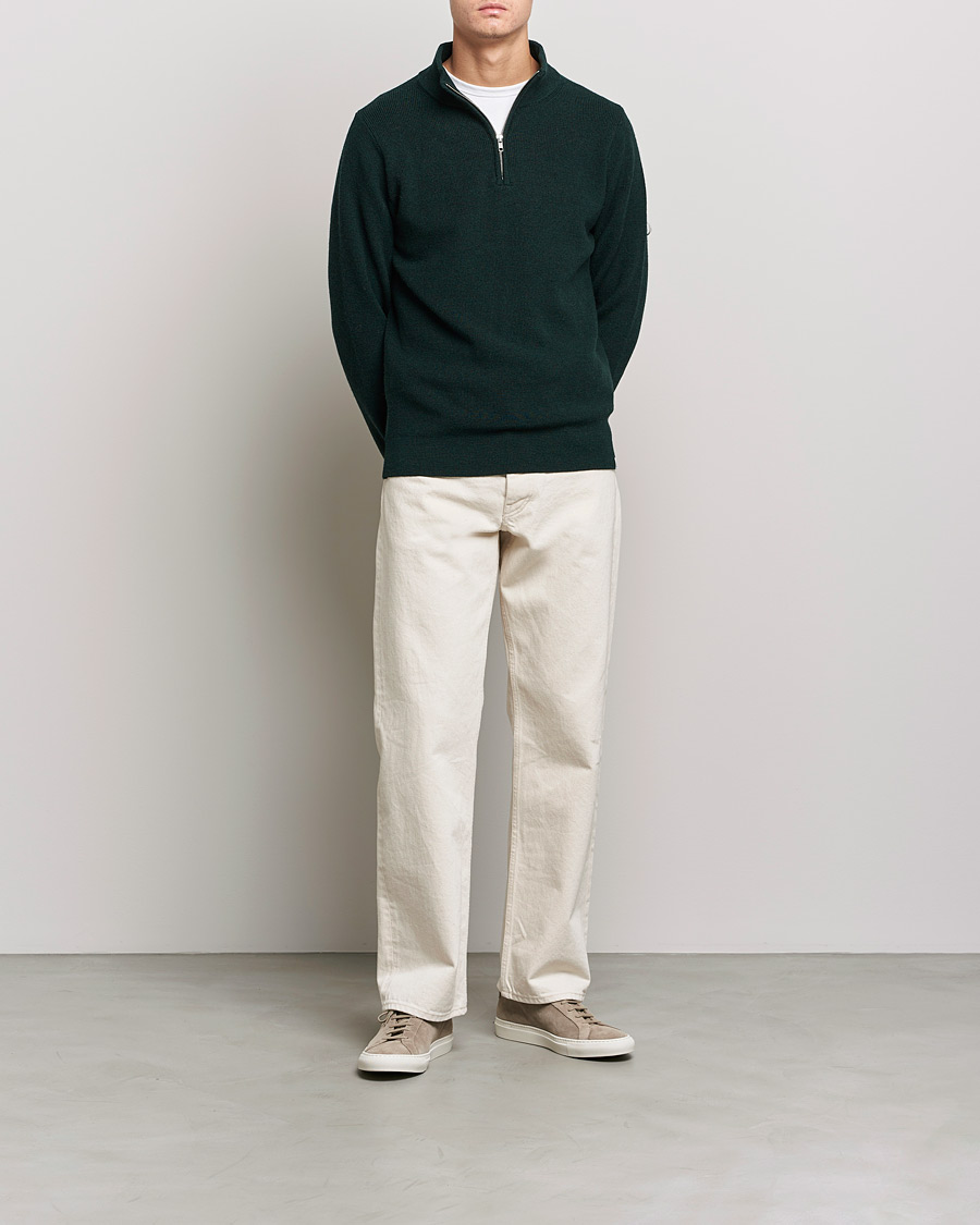 Men | Sweaters & Knitwear | Merz b. Schwanen | Merino Wool Half Zip Forest