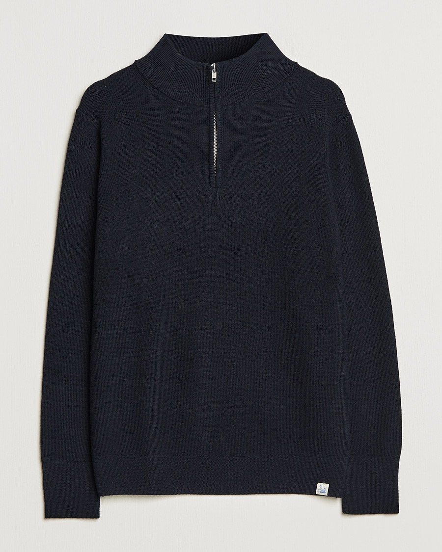 Men | Sweaters & Knitwear | Merz b. Schwanen | Merino Wool Half Zip Dark Navy