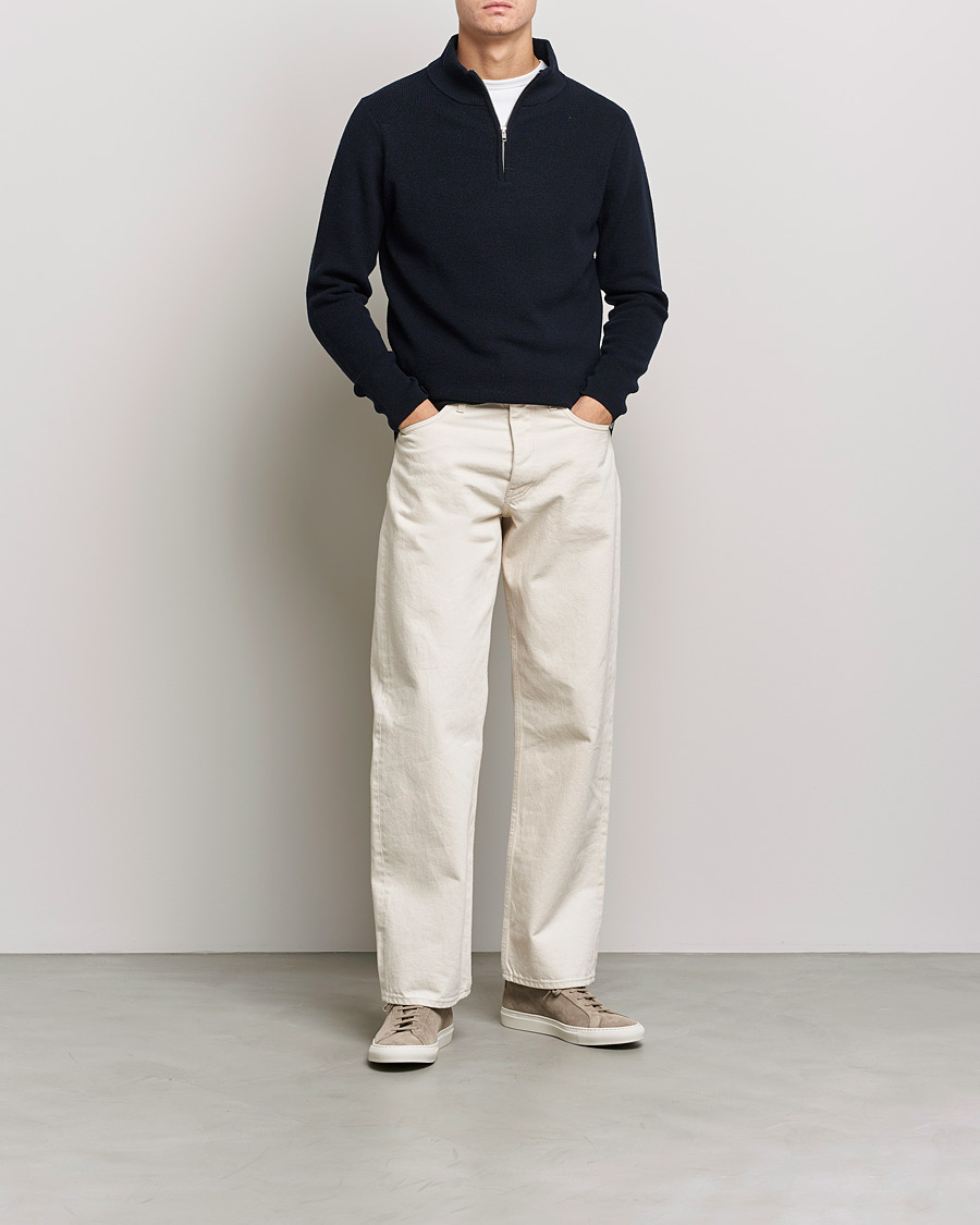 Men | Sweaters & Knitwear | Merz b. Schwanen | Merino Wool Half Zip Dark Navy