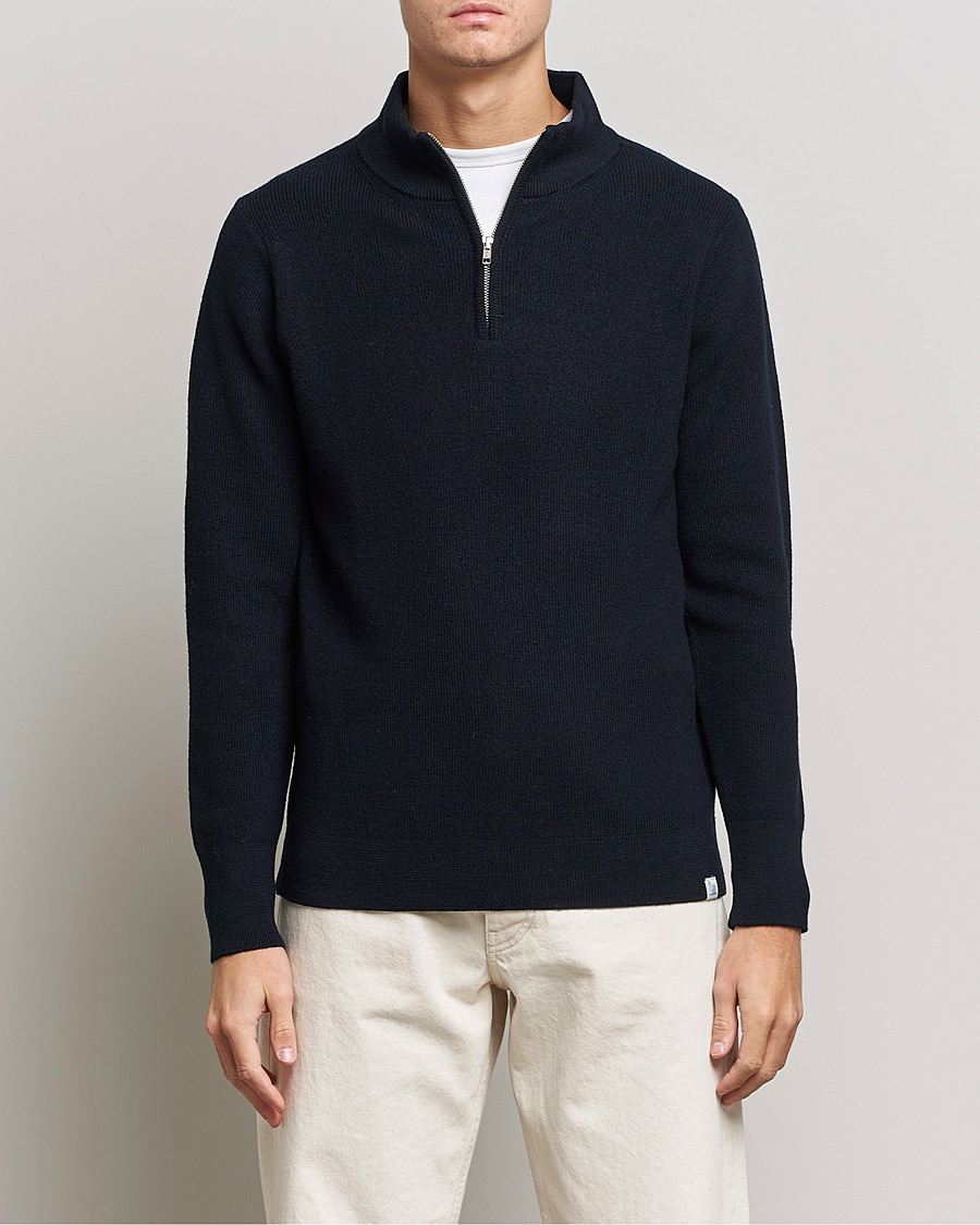 Men | Sweaters & Knitwear | Merz b. Schwanen | Merino Wool Half Zip Dark Navy