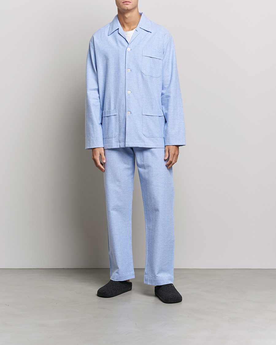 Men | Loungewear | Derek Rose | Brushed Cotton Flannel Herringbone Pyjama Set Blue