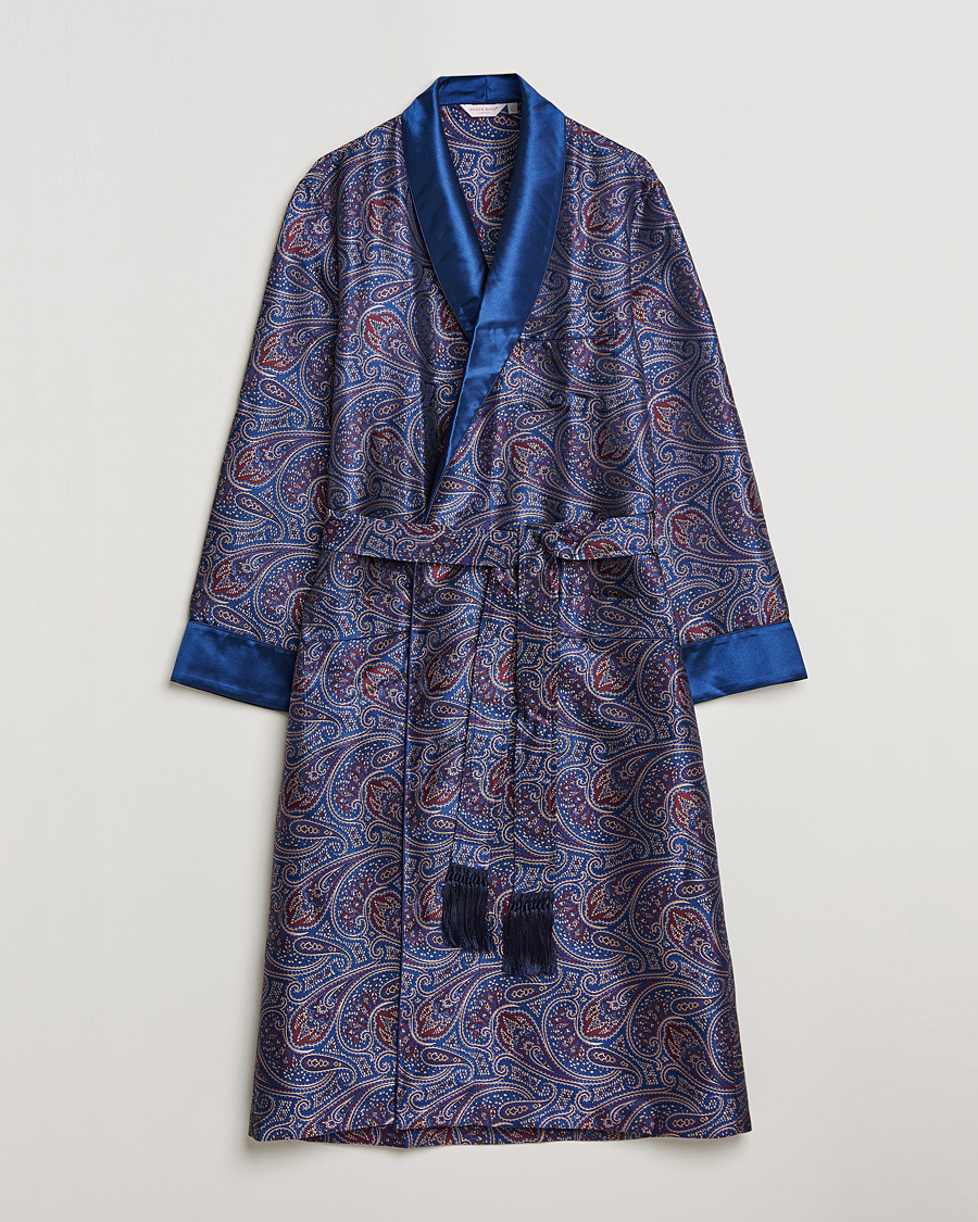 Men | Pyjamas & Robes | Derek Rose | Pure Silk Paisley Dressing Gown Navy