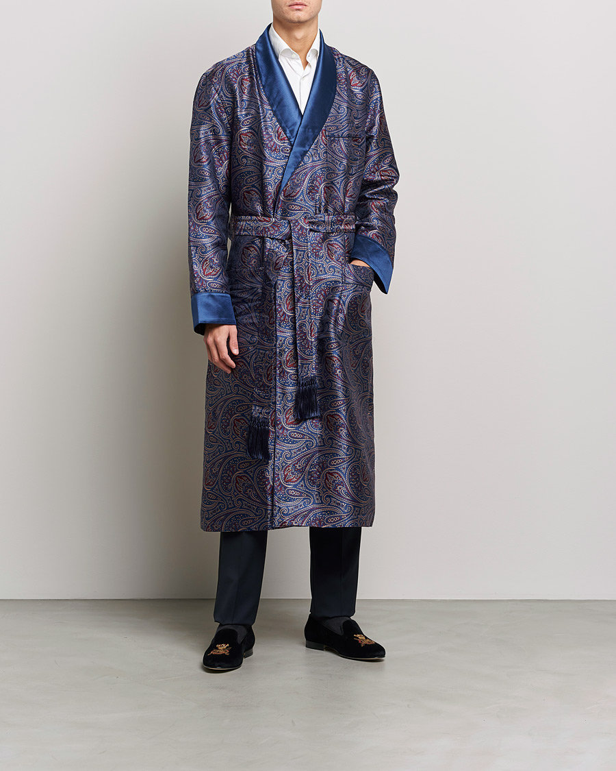Men | Pyjamas & Robes | Derek Rose | Pure Silk Paisley Dressing Gown Navy