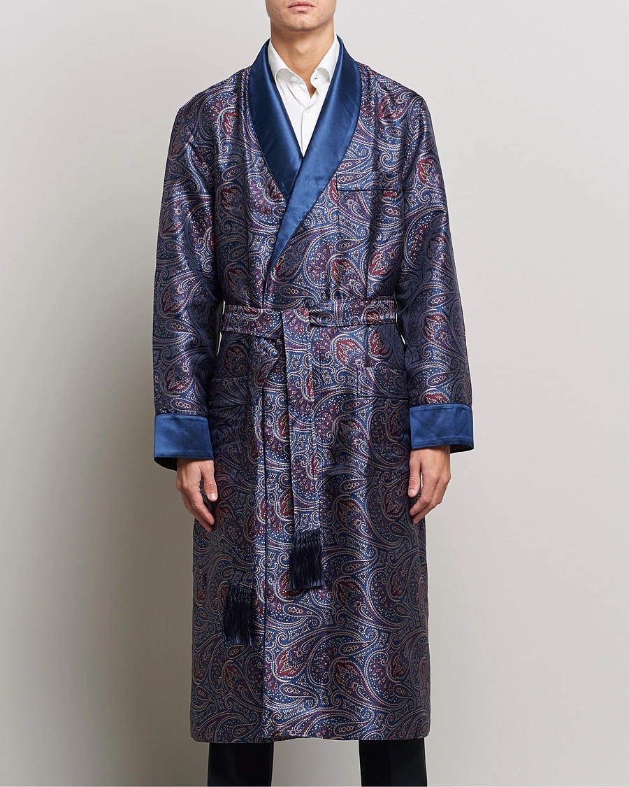 Men | Pyjamas & Robes | Derek Rose | Pure Silk Paisley Dressing Gown Navy