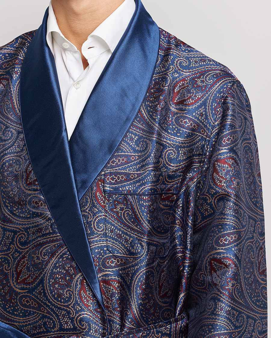 Men | Pyjamas & Robes | Derek Rose | Pure Silk Paisley Dressing Gown Navy