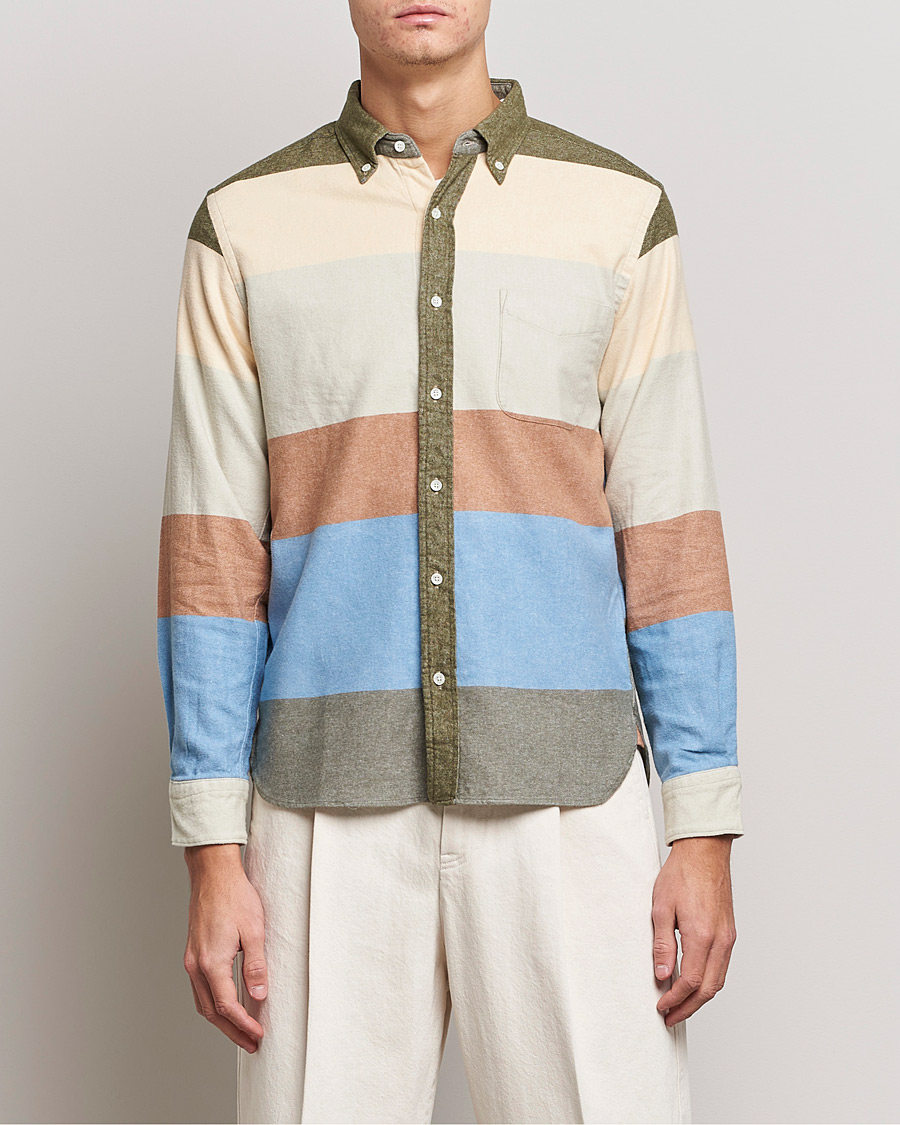 Men | Shirts | BEAMS PLUS | Flannel Multi Stripe Shirt Olive/Cream