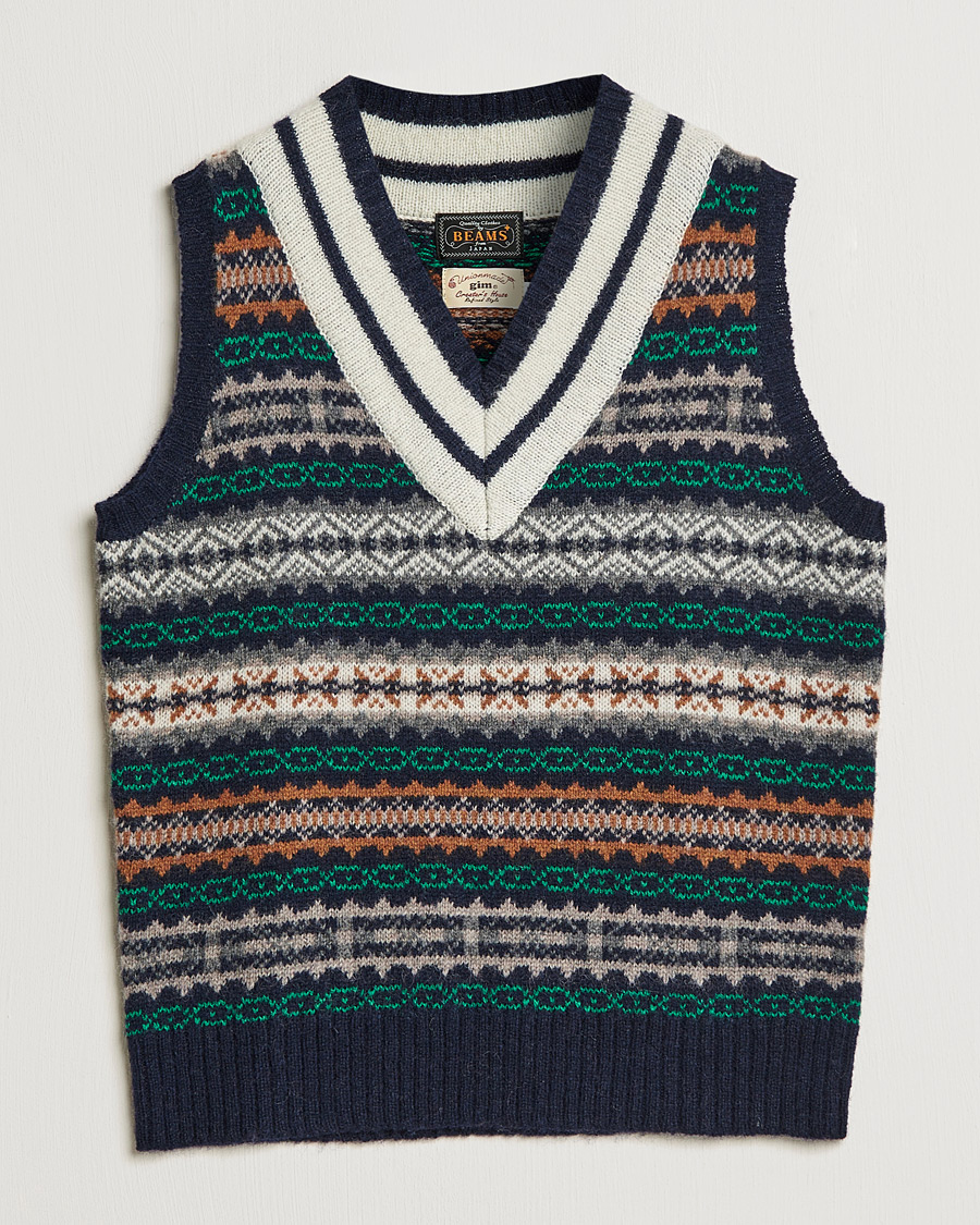 Men | Sweaters & Knitwear | BEAMS PLUS | Fairisle Cricket Knit Vest Navy