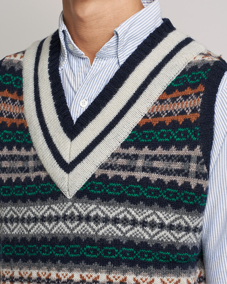 Men | Sweaters & Knitwear | BEAMS PLUS | Fairisle Cricket Knit Vest Navy