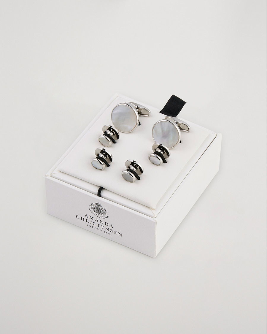 Men | Cufflinks | Amanda Christensen | Cufflink & Shirt Studs Set White/Silver