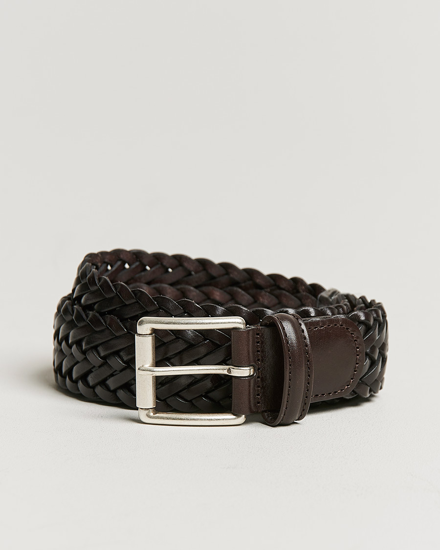 Men |  | Anderson's | Woven Leather 3,5 cm Belt Dark Brown