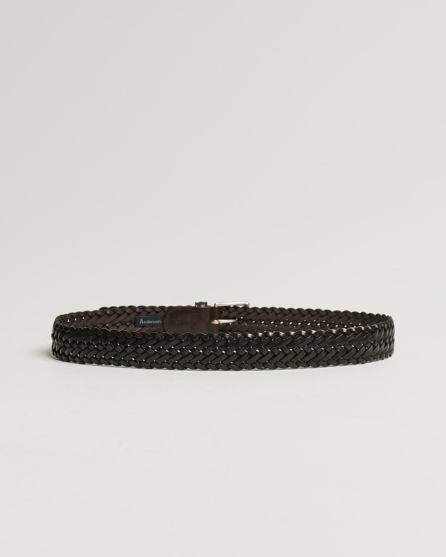 Men | Business Casual | Anderson's | Woven Leather 3,5 cm Belt Dark Brown