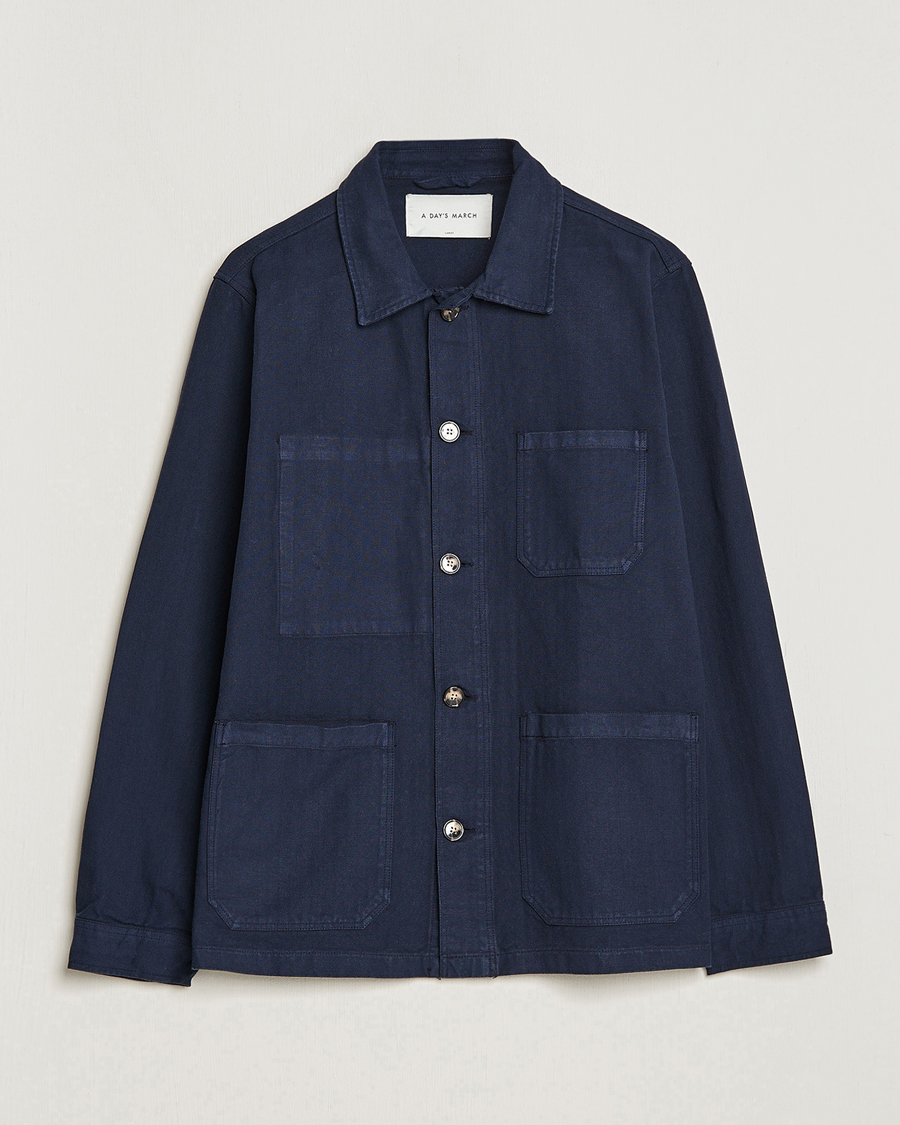 Men | Shirts | A Day's March | Herringbone Overshirt Navy