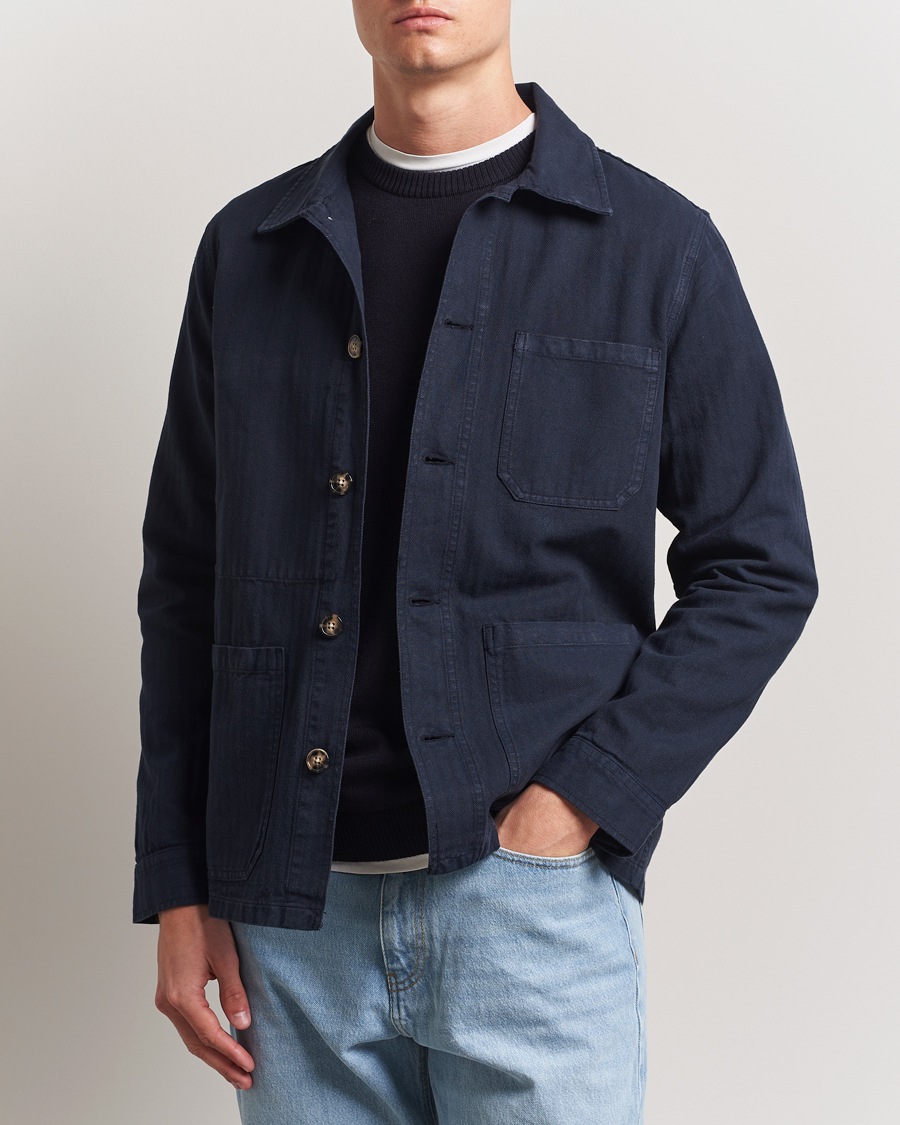 Men | Shirts | A Day's March | Herringbone Overshirt Navy