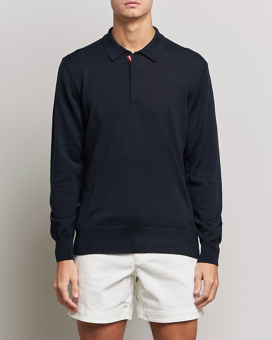 Men | Knitted Polo Shirts | Orlebar Brown | Ebro OB Stripe Merino Poloshirt Night Iris