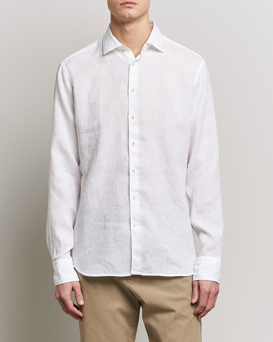 Men | Linen Shirts | Stenströms | Fitted Body Cut Away Linen Shirt White