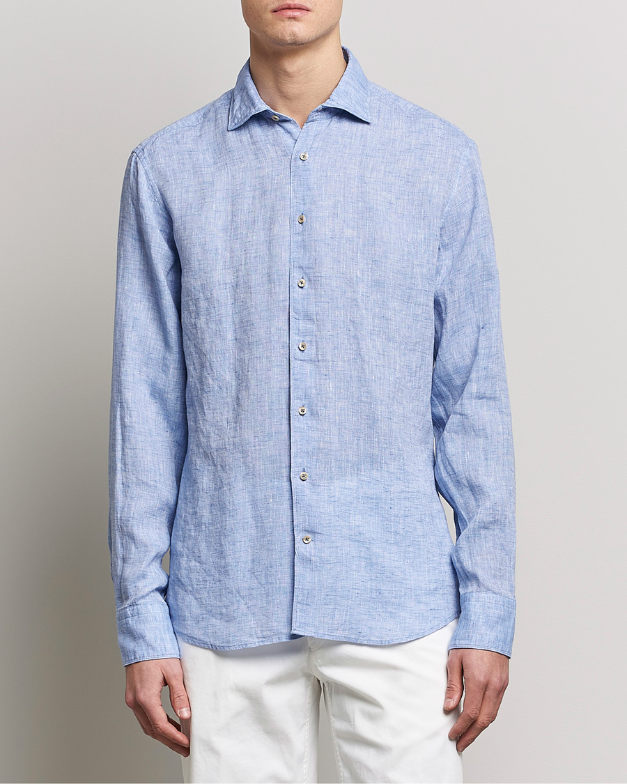 Men | Linen Shirts | Stenströms | Fitted Body Cut Away Linen Shirt Blue