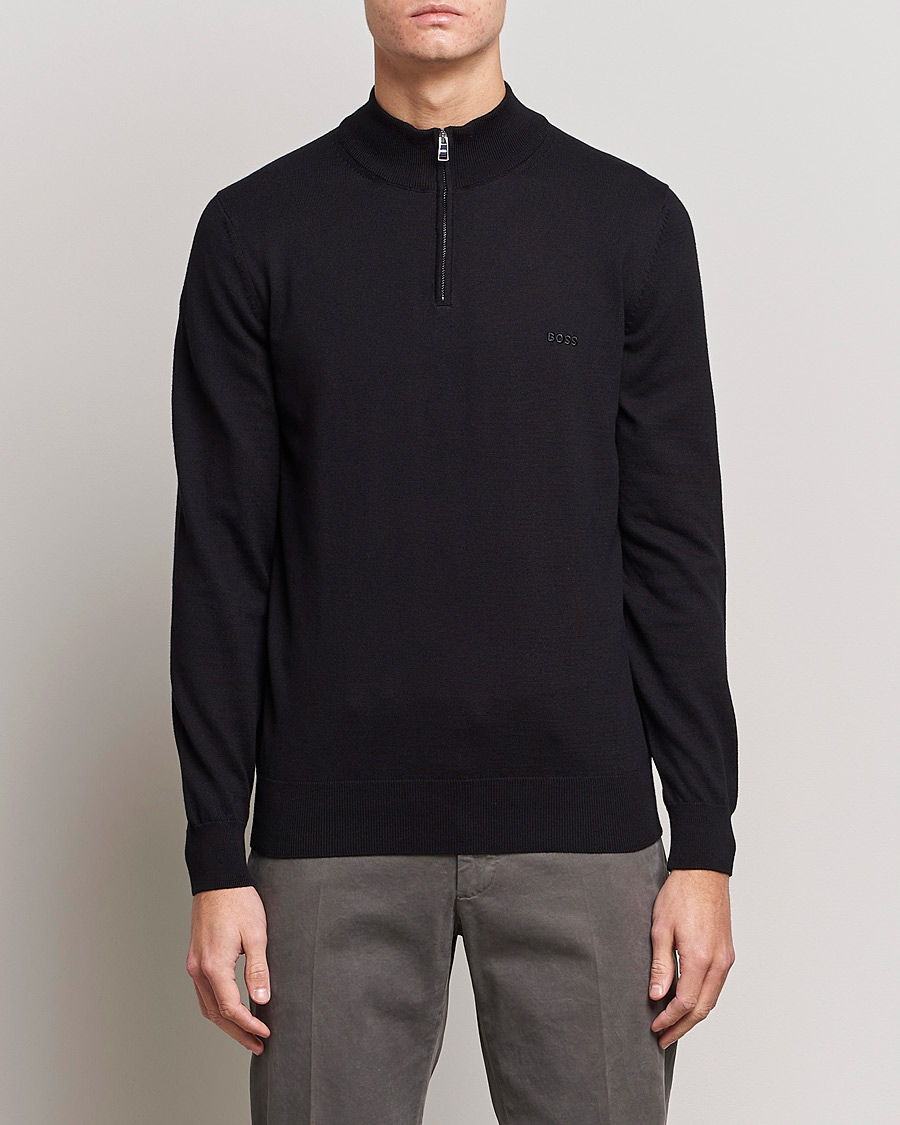 Men | Sweaters & Knitwear | BOSS BLACK | Padro Merino Knitted Half Zip Black