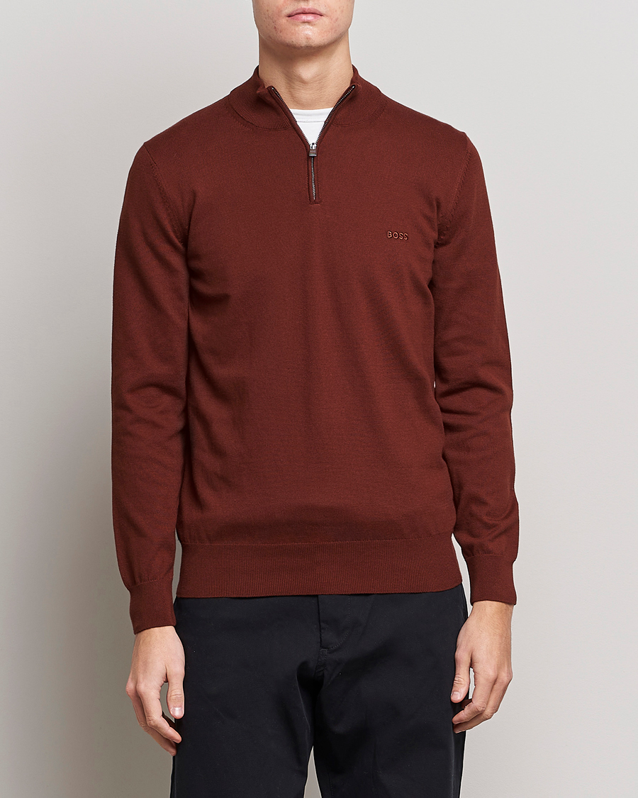 Men | Sweaters & Knitwear | BOSS BLACK | Padro Merino Knitted Half Zip Medium Brown