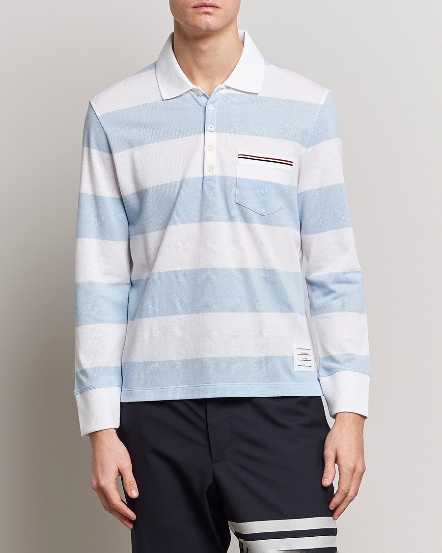 Men | Luxury Brands | Thom Browne | Rugby Stripe Long Sleeve Polo Light Blue