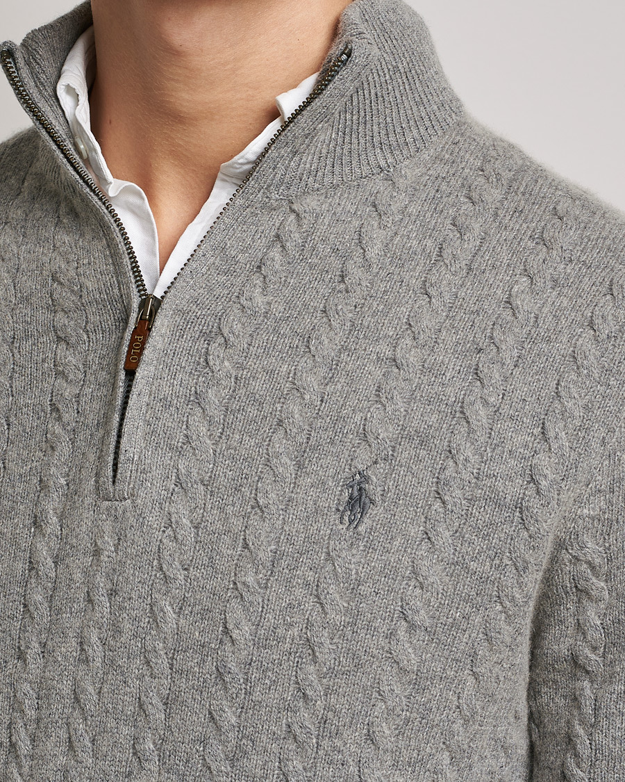 Men | Sweaters & Knitwear | Polo Ralph Lauren | Cotton/Wool Cable Half-Zip Fawn Grey Heather