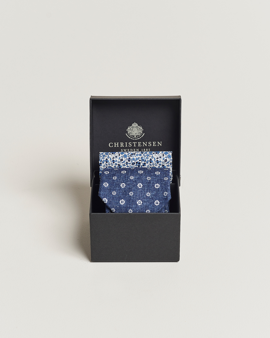 Men | Amanda Christensen Box Set Printed Linen 8cm Tie With Pocket Square Navy | Amanda Christensen | Box Set Printed Linen 8cm Tie With Pocket Square Navy