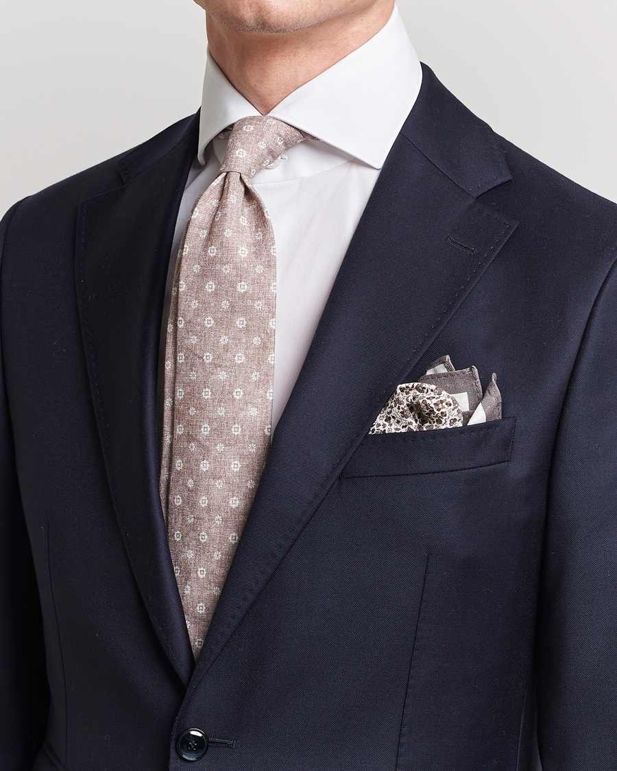 Men | Ties | Amanda Christensen | Box Set Printed Linen 8cm Tie With Pocket Square Beige