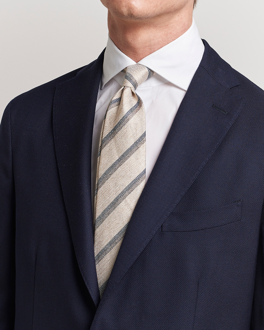 Men | Ties | Amanda Christensen | Silk/Linen Striped 8cm Tie Natural