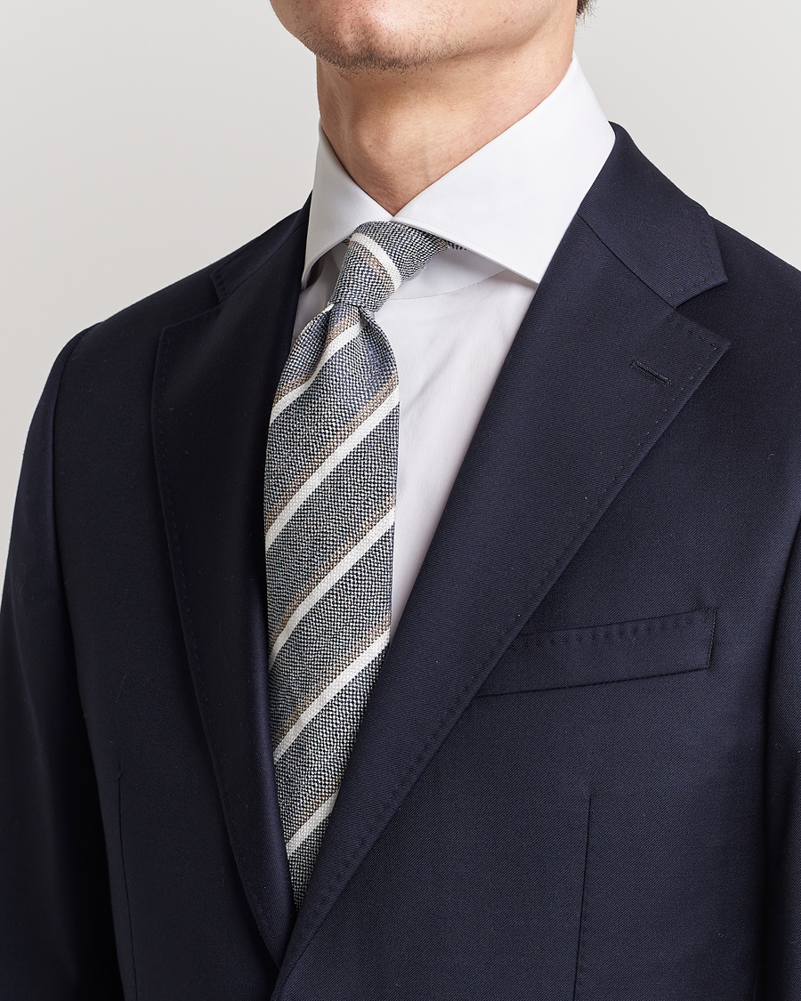 Men |  | Amanda Christensen | Silk/Linen Striped 8cm Tie Navy