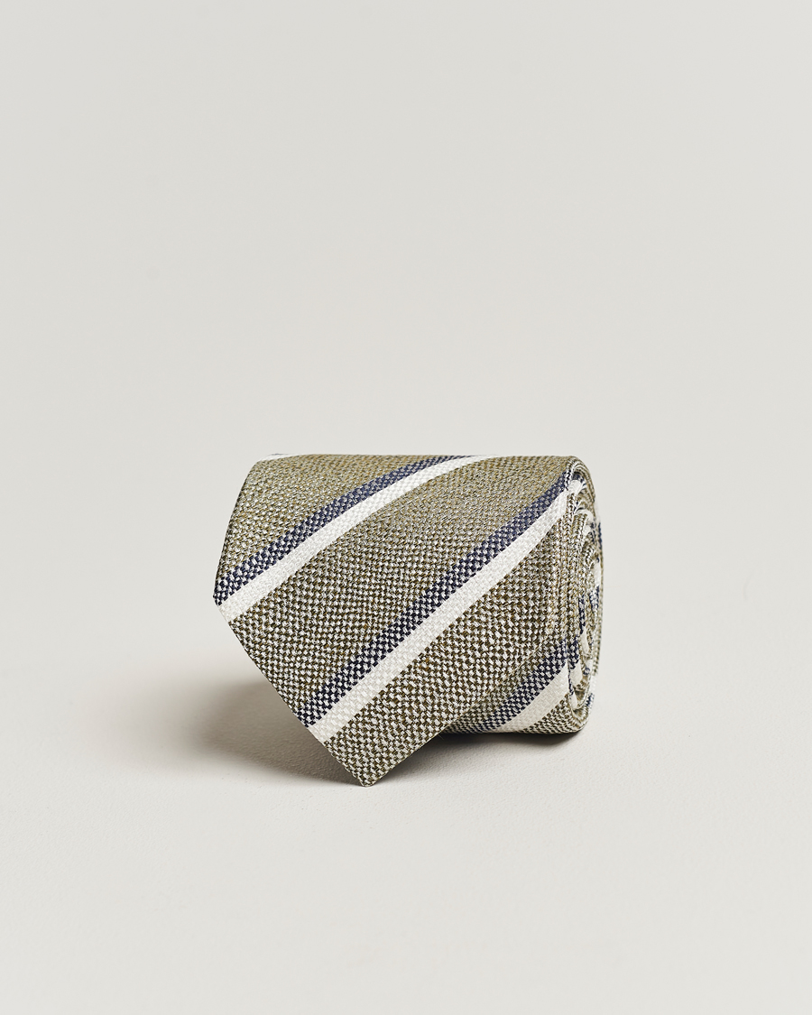 Men | Amanda Christensen Silk/Linen Striped 8cm Tie Olive | Amanda Christensen | Silk/Linen Striped 8cm Tie Olive