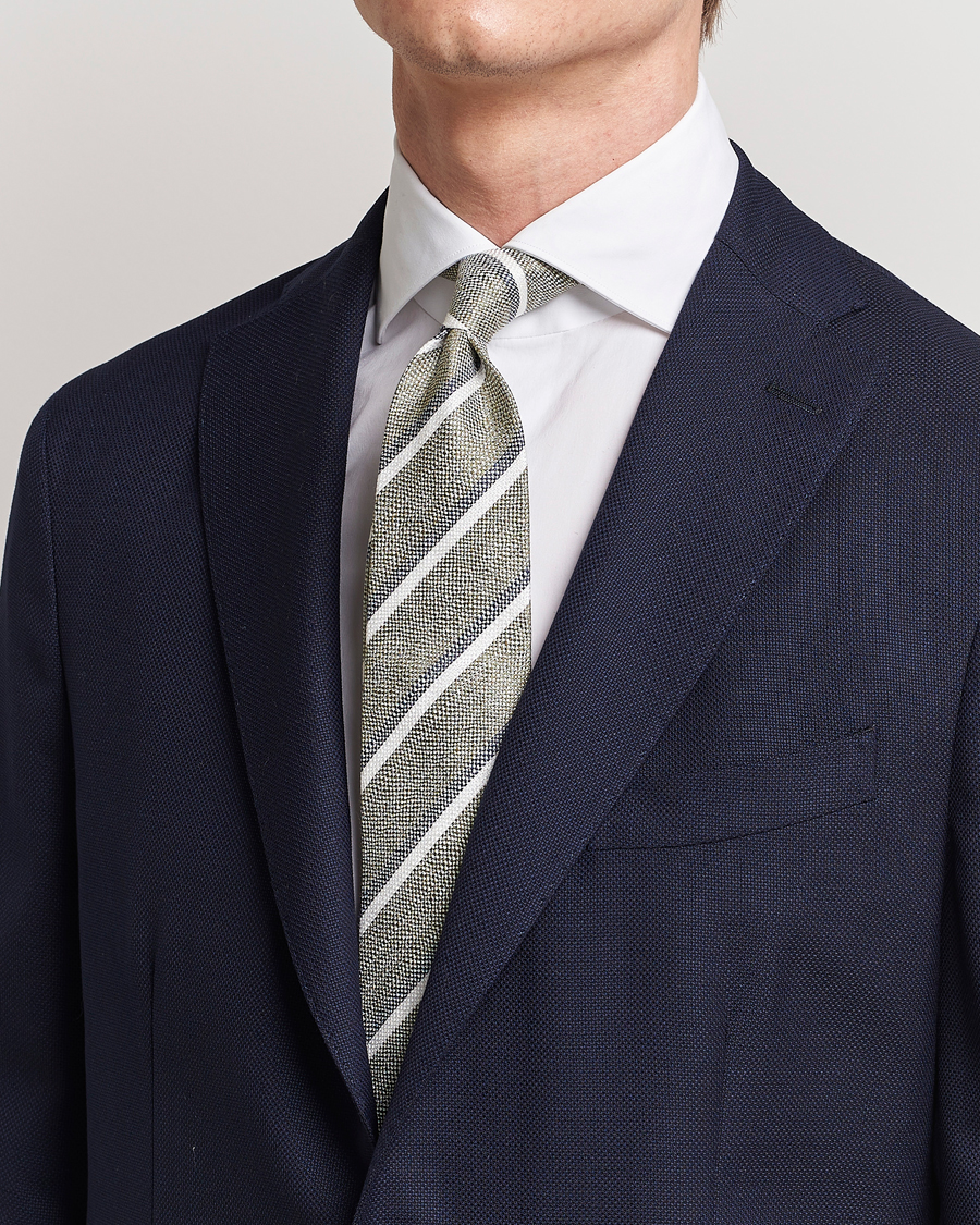 Men | Amanda Christensen Silk/Linen Striped 8cm Tie Olive | Amanda Christensen | Silk/Linen Striped 8cm Tie Olive