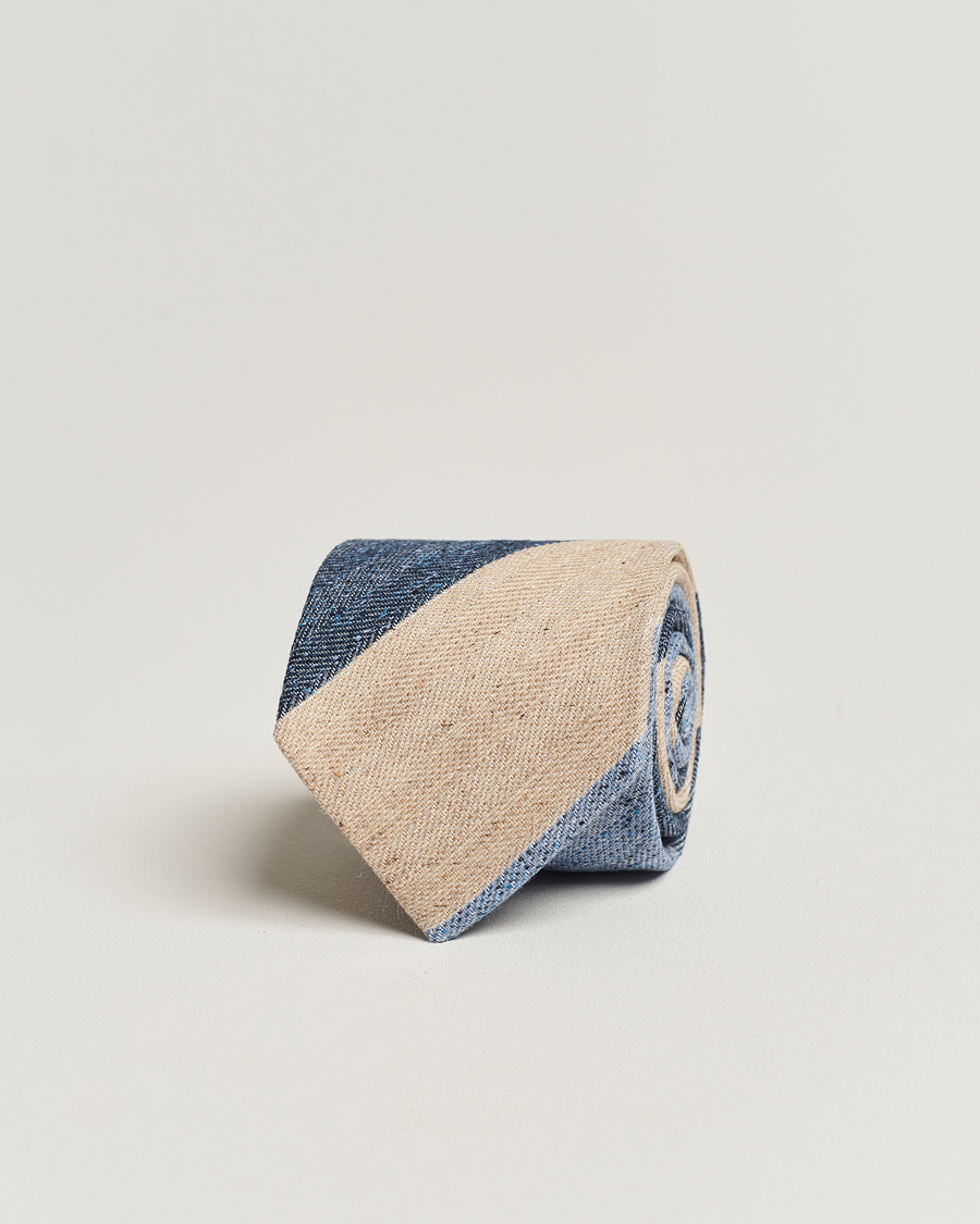 Men | Amanda Christensen Silk/Linen/Cotton Block Striped 8cm Tie Navy/Blue/Beige | Amanda Christensen | Silk/Linen/Cotton Block Striped 8cm Tie Navy/Blue/Beige