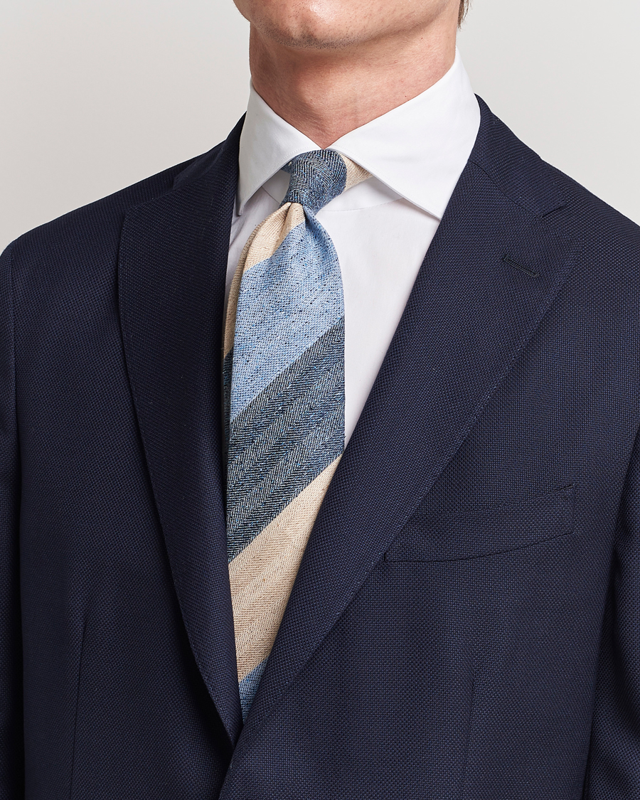 Men |  | Amanda Christensen | Silk/Linen/Cotton Block Striped 8cm Tie Navy/Blue/Beige