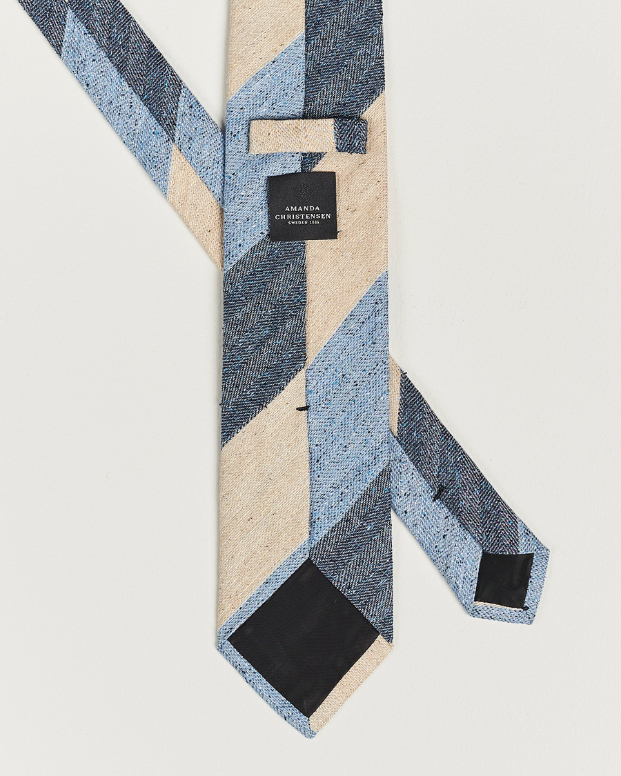 Men | Amanda Christensen Silk/Linen/Cotton Block Striped 8cm Tie Navy/Blue/Beige | Amanda Christensen | Silk/Linen/Cotton Block Striped 8cm Tie Navy/Blue/Beige