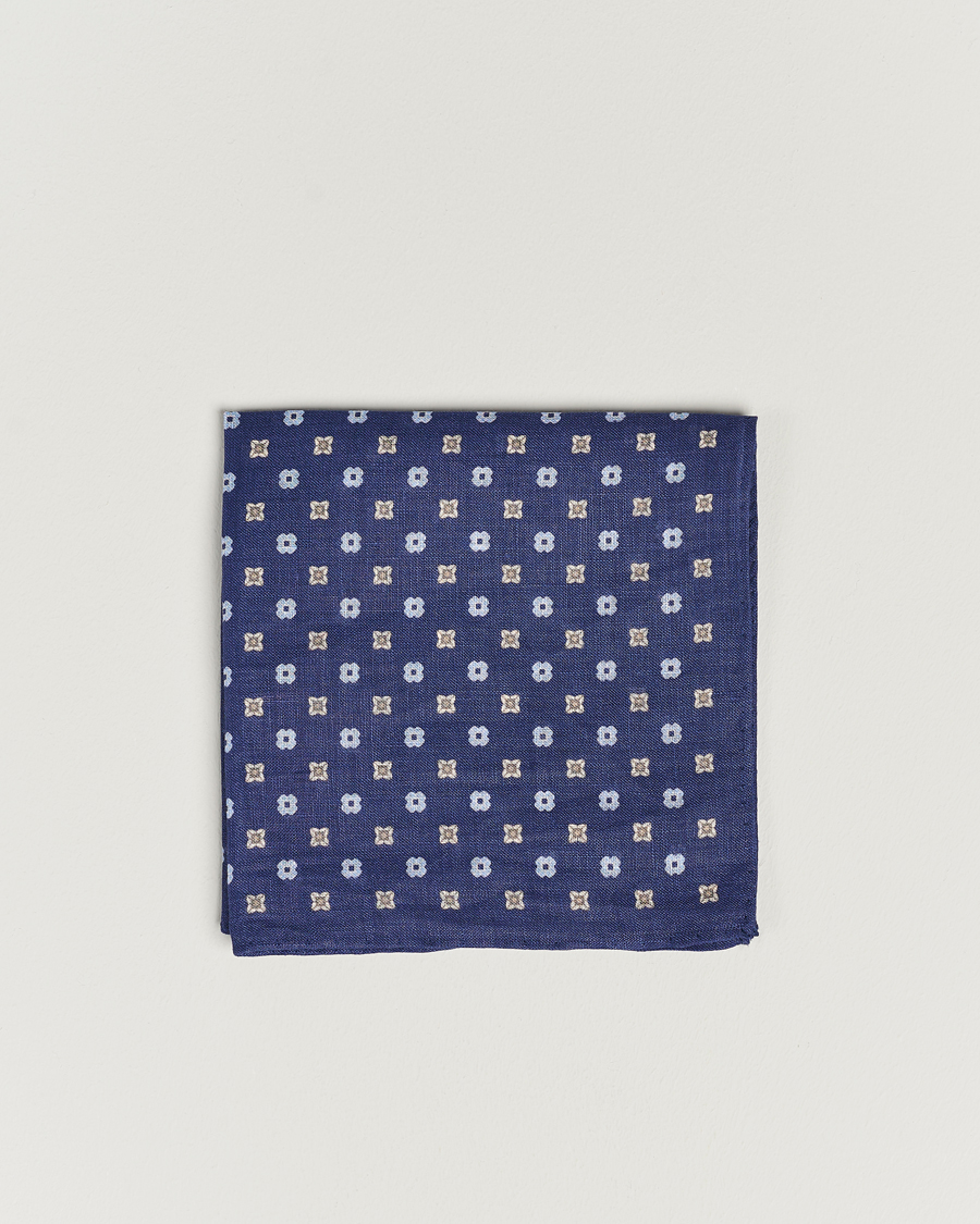Men | Amanda Christensen Linen Printed Flower Pocket Square Navy | Amanda Christensen | Linen Printed Flower Pocket Square Navy