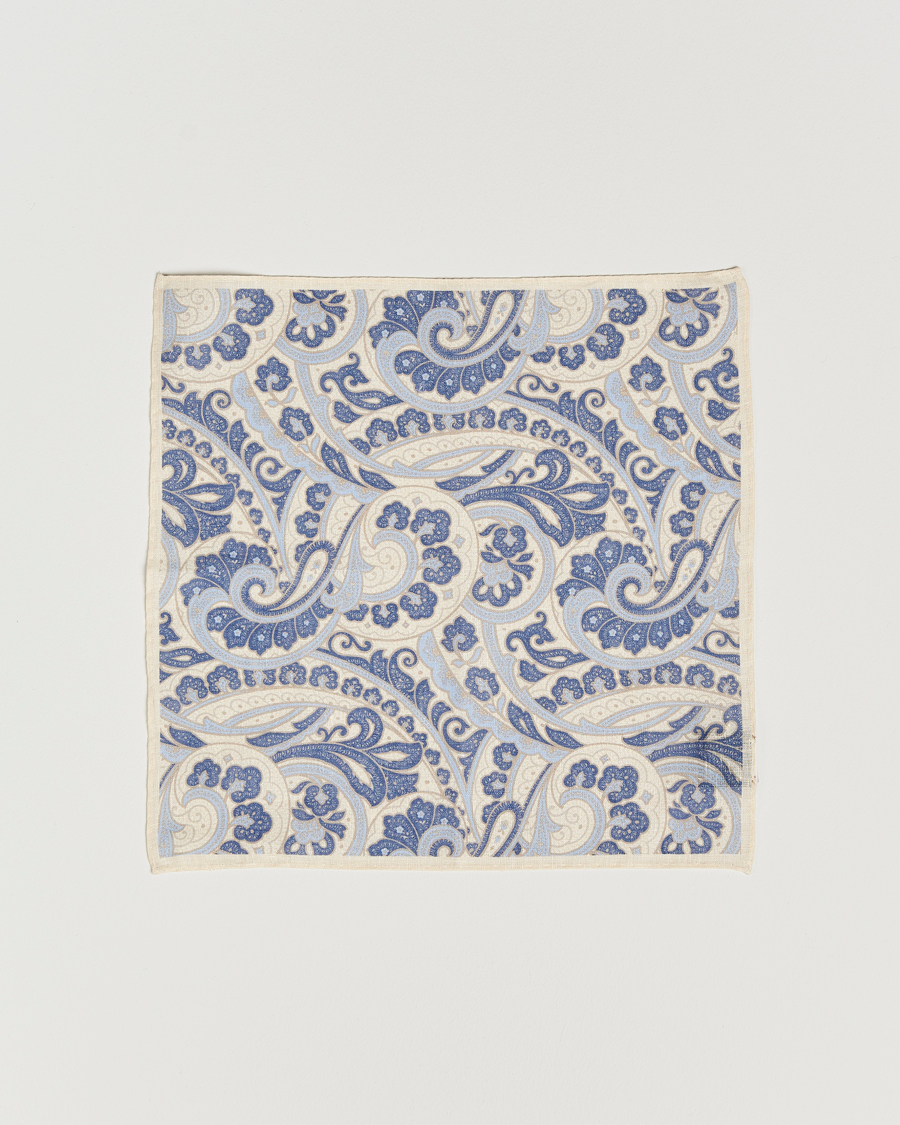 Men | Amanda Christensen Linen Printed Large Paisley Pocket Square Cream | Amanda Christensen | Linen Printed Large Paisley Pocket Square Cream